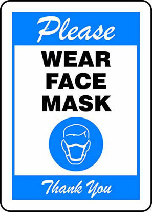 Picture of Accuform"Please WEAR FACE MASK" Sign, Blue, Plastic, 14" x 10"