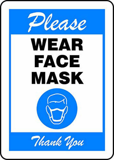 Picture of Accuform"Please WEAR FACE MASK" Sign, Blue, Plastic, 14" x 10"