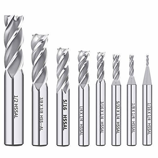 Picture of AUTOTOOLHOME 1/8" 3/16" 1/4" 5/16" 3/8" 1/2" high Speed Steel HSS 4 Flute Straight End Mill Cutter 5/32" 1/16" Set of 8