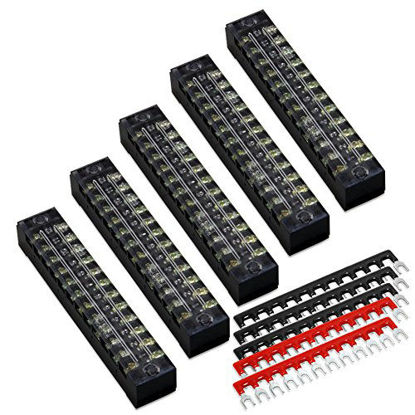 Picture of 10pcs (5 Sets) 12 Positions Dual Row 600V 15A Screw Terminal Strip Blocks with Cover + 400V 15A 12 Positions Pre-Insulated Terminals Barrier Strip (Black & Red) by MILAPEAK