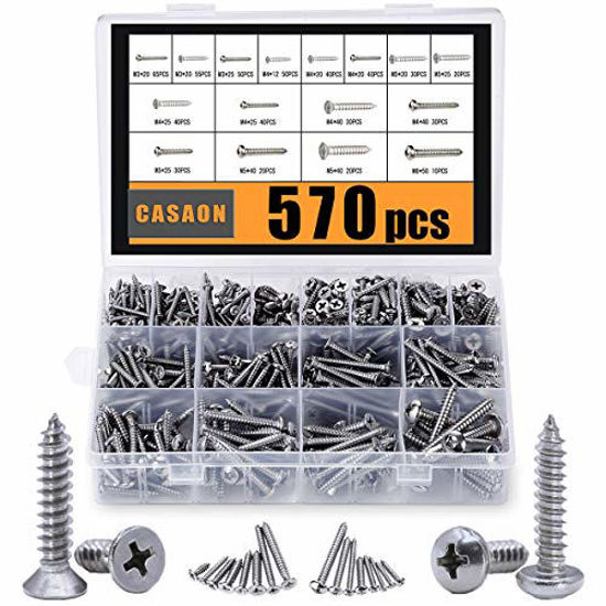 Picture of Self Tapping Screws Assortment Set, M3/M4/M5/M6 304 Stainless Steel Sheet Metal Screws Kit, Casaon Phillips Drive Wood Screw Assortment 570pcs (285pcs Round Head and 285pcs Flat Head)