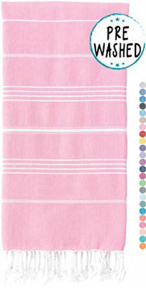 Picture of WETCAT Original Turkish Beach Towel (39 x 71) - Prewashed Peshtemal, 100% Cotton - Highly Absorbent, Quick Dry and Ultra-Soft - Washer-Safe, No Shrinkage - Stylish, Eco-Friendly - [Light Pink]