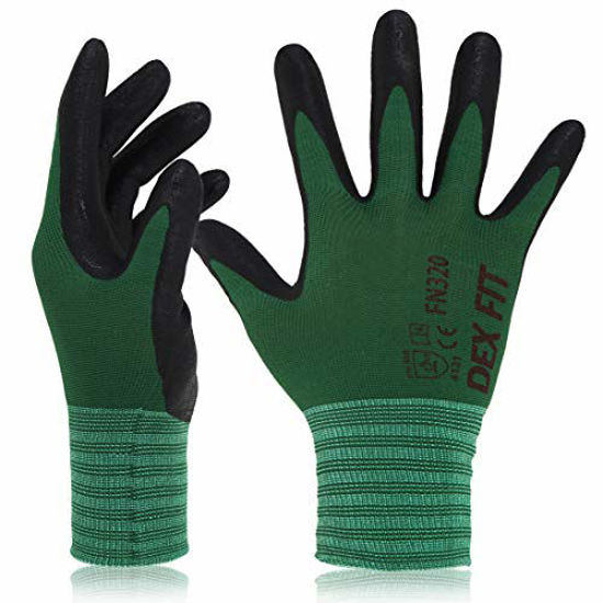 Picture of DEX FIT Gardening Work Gloves FN320, 3D Comfort Stretch Fit, Power Grip, Thin Lightweight, Durable Foam Nitrile Coating, Machine Washable, Forest Green Small 3 Pairs Pack