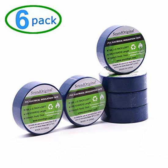 Picture of Soundoriginal Colors Electrical Tape 6 Pack 3/4-Inch by 30 Feet, Voltage Level 600V Dustproof, Adhesive for General Home Vehicle Auto Car Power Circuit Wiring 3m (30Ft Blue)