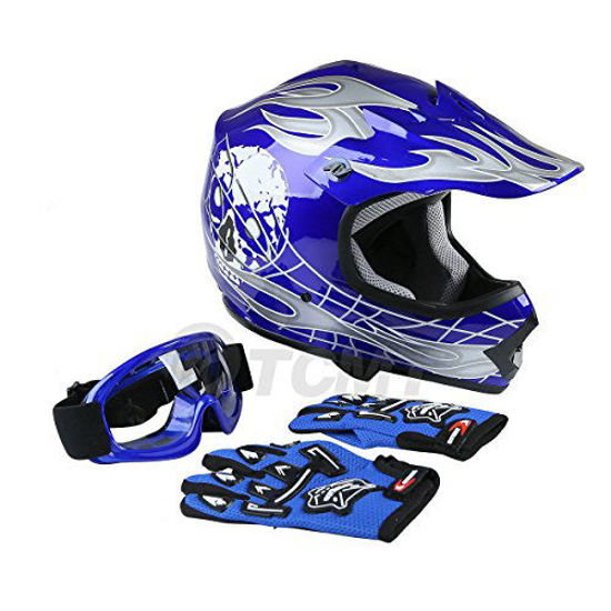 Picture of TCMT Dot Youth & Kids Motocross Offroad Street Helmet Blue Skull Motorcycle Youth Helmet Dirt Bike Motocross ATV Helmet+Goggles+Gloves L