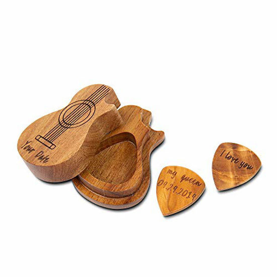 Picture of Gemszoo Guitar Picks Custom Any Message 2 Pack in Personalized Guitar Wooden Box Case Holder Music Gift for Father Boyfriend Guitarists (Style 2)