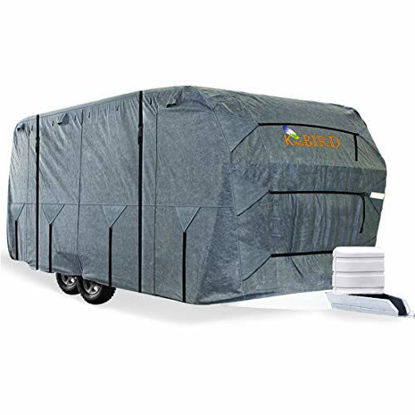 Picture of KING BIRD Extra-Thick 4-Ply Top Panel & Extra 2Pcs Reinforced Straps, Deluxe Camper Travel Trailer Cover, Fits 22'- 24' RV Cover -Breathable Water-Repellent Anti-UVwith Storage Bag&Tire Covers