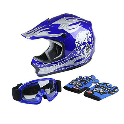 Picture of XFMT DOT Youth Kids Motocross Offroad Street Dirt Bike Helmet Youth Motorcycle Atv Helmet with Goggles Gloves Blue Skull XL