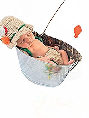 Picture of Pinbo Baby Photography Prop Crochet Fishing Fisherman & Fish Hat Diaper Shoes