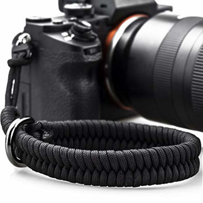 Picture of Camera Wrist Strap with Safer Connector for Nikon Canon Sony Panasonic Fujifilm Olympus DSLR Mirrorless, Adjustable Paracord Camera Wrist Lanyard, Quick Release Camera Hand Strap (Black)