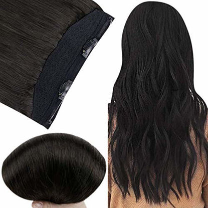 Picture of Fshine Hidden Crown Hair Extensions Remy Human Hair 20 Inch Halo Hair Extensions Silky Straight Off Black 80 Grams 10 Inch Width Invisible Wire