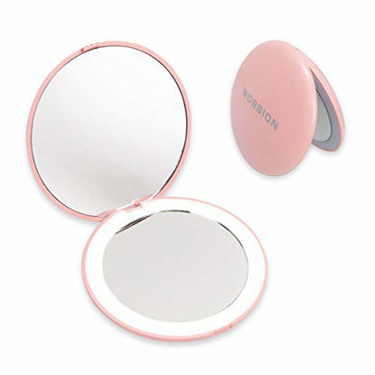 Picture of Compact Mirror with Light, Wobsion 1x/10x Magnification Travel Makeup Mirror, Handheld 2-Sided Mirror, Compact Mirror for Purses, 3.5 inch Small Pocket Mirror for Handbag,Purse,Pocket,Round,Pink