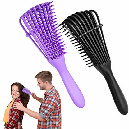 Picture of Hunputa Detangler Brush, Detangling Brush Hair Detangler Comb for Wet or Dry Curly Thick American Afro 3a to 4c Hair for Adult & Kids (Black & Purple)
