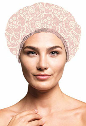 Picture of Betty Dain Socialite Collection Terry Lined Shower Cap, Waterproof Nylon Exterior, Reversible Design for Shower or Sleeping Cap, Oversized for All Hair Lengths, Elasticized Hem, Pretty In Pink Lace