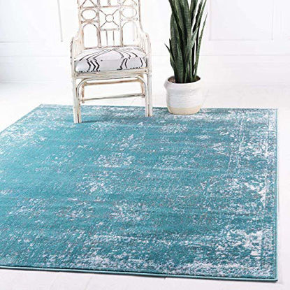 Picture of Unique Loom Sofia Collection Traditional Vintage Square Rug, 6', Turquoise/Ivory