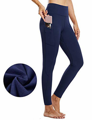 Picture of BALEAF Women's Fleece Lined Water Resistant Legging High Waisted Thermal Winter Hiking Running Tights Pockets Navy X-Small