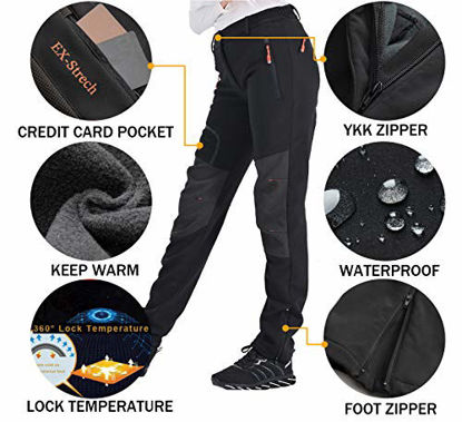 Picture of Postropaky Women's Outdoor Snow Ski Pants Waterproof Windproof Fleece Slim Hiking Softshell Pants(Black2S)