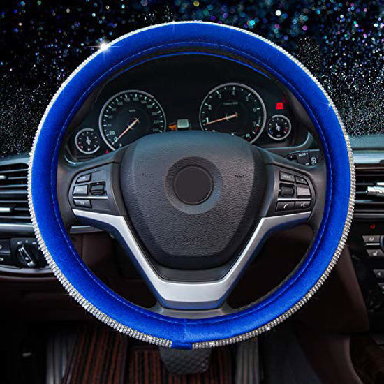 Picture of Alusbell Crystal Diamond Steering Wheel Cover Soft Velvet Feel Bling Steering Wheel Cover for Women Universal 15 inch Plush Wheel Cover for Escape Fusion Focus Accord Prius Rav4 Sapphire Blue