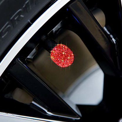 Picture of SAVORI Valve Stem Caps, 4 Pack Handmade Crystal Rhinestone Universal Car Tire Valve Caps Chrome,Attractive Dustproof Bling Car Accessories(Red)