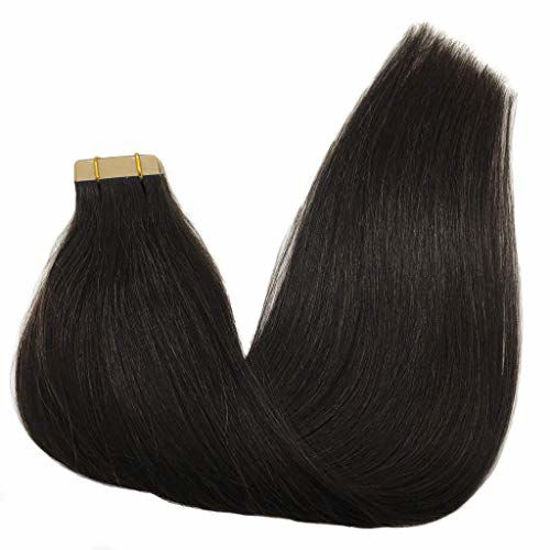 Picture of GOO GOO Tape in Hair Extensions Natural Black Real Virgin Hair Extensions Seamless Straight Human Hair Extensions 20pcs 50g 20inch, Natural black #1b