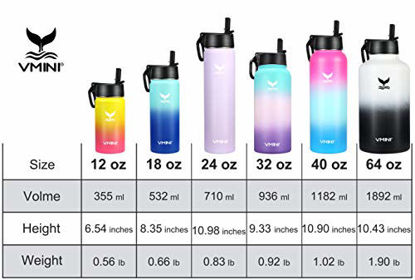 Picture of Vmini Water Bottle with New Wide Handle Straw Lid, Wide Mouth Vacuum Insulated 18/8 Stainless Steel, 32 oz, Gradient Pink + White + Pink