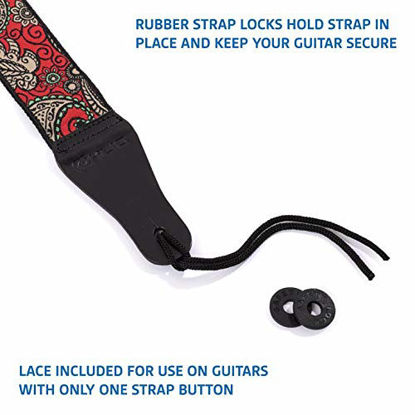 Picture of KLIQ Vintage Woven Guitar Strap for Acoustic and Electric Guitars | '60s Jacquard Weave Hootenanny Style | 2 Rubber Strap Locks Included (Red & Turquoise Paisley)