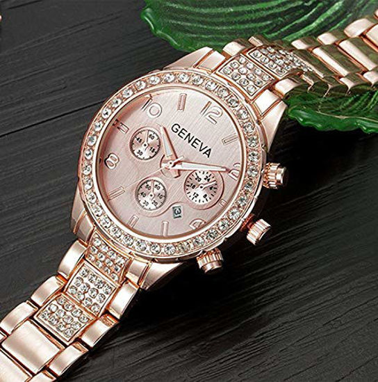 Picture of Luxury Unisex Crystal Diamond Watches Quartz Digital Calendar Rose Gold Silver Stainless Steel Watch (Rose Gold)