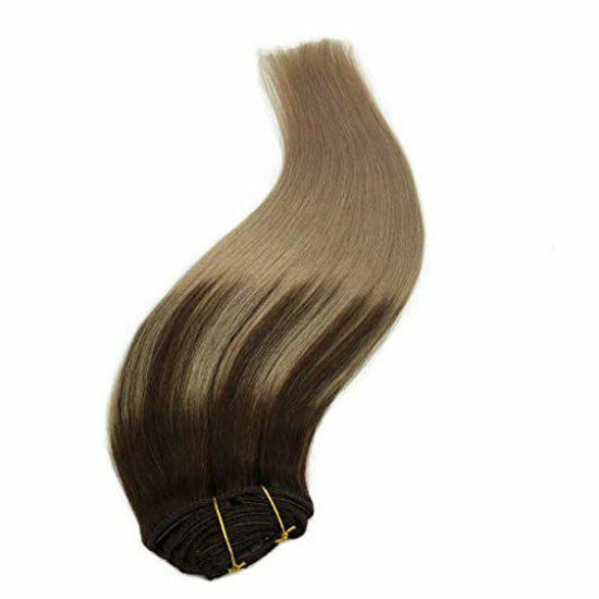 Picture of GOO GOO Hair Extensions Clip in Human Hair Balayage Chocolate Brown Highlighted Dirty Blonde 14 inch 120g 7pcs Remy Clip in Human Hair Extensions Thick Straight Real Natural Hair Extensions