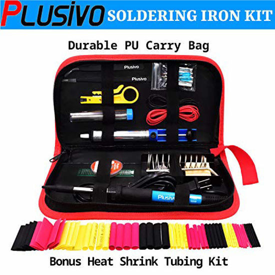 Picture of Soldering Iron Kit - Soldering Iron 60 W Adjustable Temperature, Solder Wire, Tweezers, Soldering Iron Stand, Soldering Iron Tips Set, Desoldering Pump, Solder Wick, Heatshrink Tubes [110 V, US Plug]