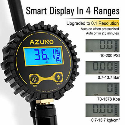 Picture of AZUNO Digital Tire Inflator with Pressure Gauge, 200 PSI (0.1 Res) w/LED Flashlight, Heavy Duty Air Compressor Accessories 7pcs Set, w/Lock on Air Chuck, Dual Head Chuck and 90° Tire Valve Extension