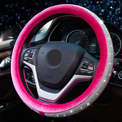 Picture of Alusbell Crystal Diamond Steering Wheel Cover Soft Velvet Feel Bling Steering Wheel Cover for Women Universal 15 inch Plush Wheel Cover for Escape Fusion Focus Accord Prius Rav4 Rose Red