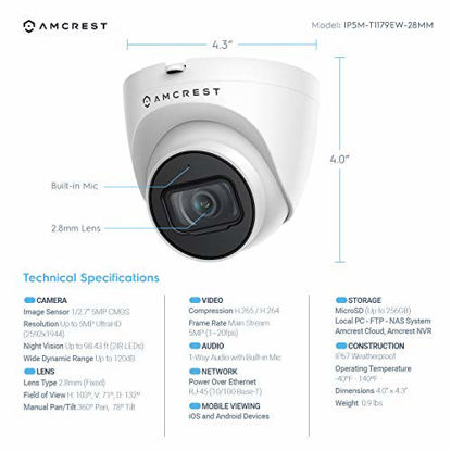 Picture of Amcrest 5MP UltraHD Outdoor Security IP Turret PoE Camera with Mic/Audio, 5-Megapixel, 98ft NightVision, 2.8mm Lens, IP67 Weatherproof, MicroSD Recording (256GB), White (IP5M-T1179EW-28MM)