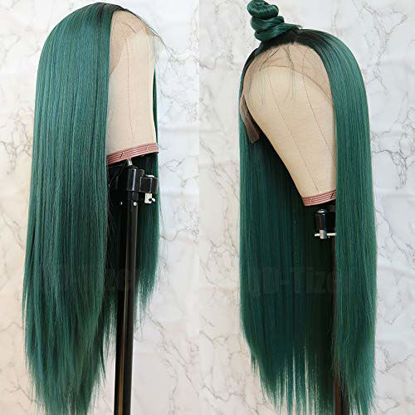 Picture of QD-Tizer Lace Front Wigs, Long Straight Hair Ombre Green Wig Glueless Heat Resistant Fiber Hair Synthetic Lace Front Wigs for Fashion Women