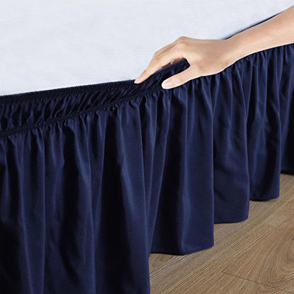 Picture of Biscaynebay Wrap Around Bed Skirts Elastic Dust Ruffles, Easy Fit Wrinkle and Fade Resistant Silky Luxrious Fabric Solid ColorNavy for Twin and Twin XL Size Beds 18 Inches Drop