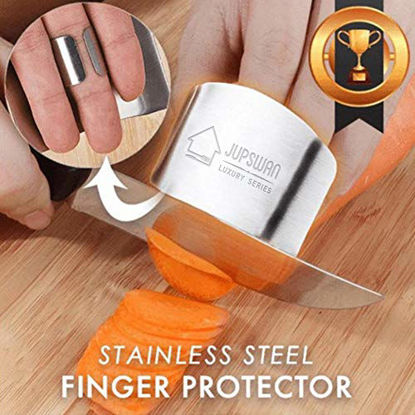 Picture of Jupswan Finger Guards for Cutting Kitchen Tool Stainless Steel Finger Guard Finger Protector Avoid Hurting When Slicing and Dicing 2 Pack