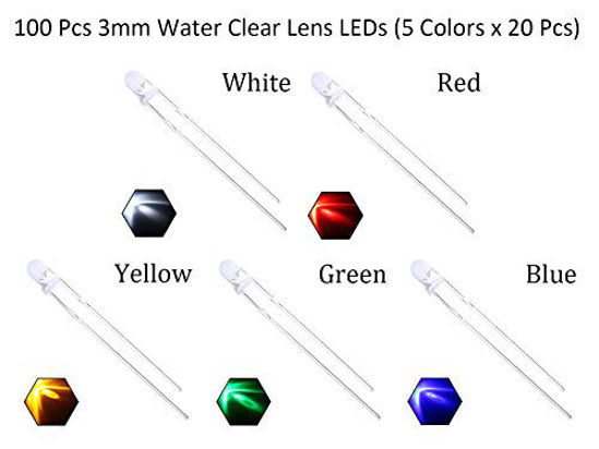 Picture of EDGELEC 100pcs 3mm 5 Colors x 20pcs Assorted Colors Lights LED Diodes Clear Round Lens 29mm Long Lead +200pcs Resistors (for DC 6-12V) Included,Bulb Lamps Light Emitting Diode