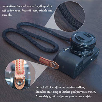 Picture of VKO Soft Cotton Rope Camera Neck Strap, Shoulder Strap Compatible with Sony A6100 A6600 A6000 A6300 A6500 A6400 RXIR II RX10 IV X100F X-T30 X-T3 X-T4 X-T20 X-T2 X100T Camera Black