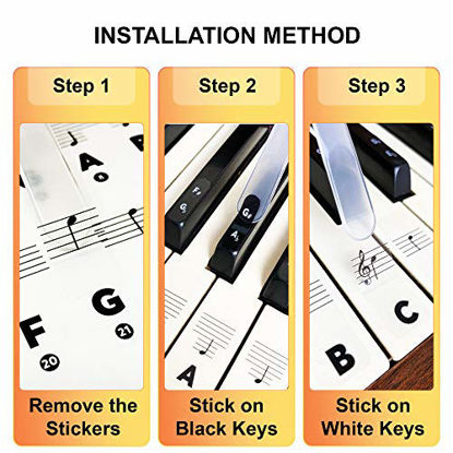 Picture of Piano Keyboard Stickers for Beginners 88/76/61/54/49/37 Keys - Removable, Transparent, Double Layer Coating Piano Stickers - Perfect for Kids, Big Letters, Easy to Install with Cleaning Cloth