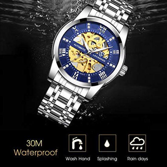 Picture of Mens Watch Mechanical Stainless Steel Skeleton Waterproof Automatic Self-Winding Rome Number Diamond Dial Wrist Watch