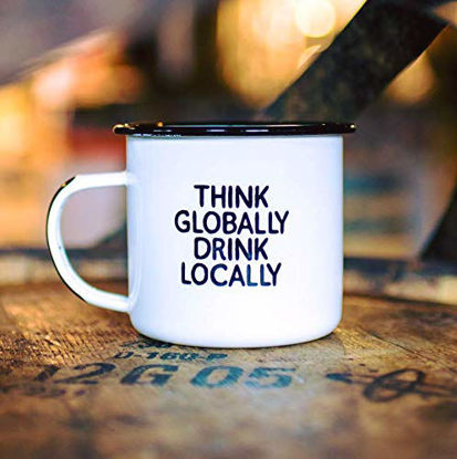 Picture of THINK GLOBALLY DRINK LOCALLY | Enamel "Coffee" Mug | Sarcastic Gift for Vodka, Gin, Bourbon, Wine and Beer Lovers | Great Office or Camping Cup for Dads, Moms, Hikers, Drinkers, and Travelers