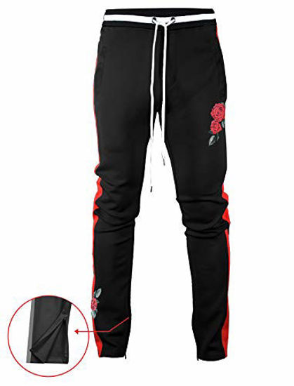 Picture of SCREENSHOTBRAND-P11853 Mens Hip Hop Premium Slim Fit Track Pants - Athletic Jogger Rose Embroidery Bottom with Taping-BK/RD-Large