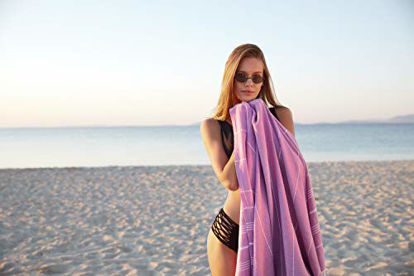 Picture of WETCAT Original Turkish Beach Towel (39 x 71) - Prewashed Peshtemal, 100% Cotton - Highly Absorbent, Quick Dry and Ultra-Soft - Washer-Safe, No Shrinkage - Stylish, Eco-Friendly - [Purple]
