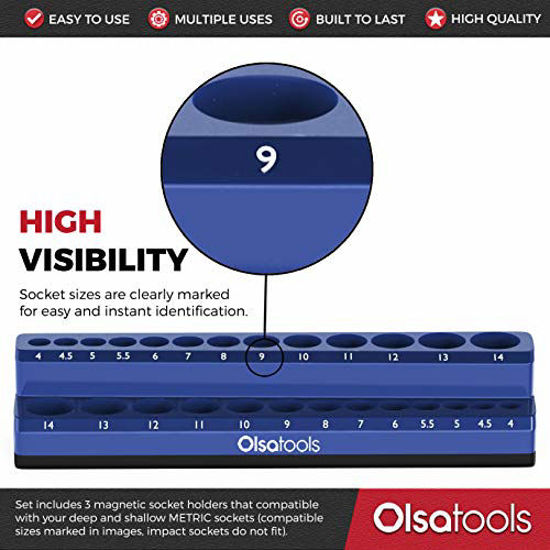 Picture of Olsa Tools Magnetic Socket Organizer | 3 Piece Socket Holder Kit | 1/2-inch, 3/8-inch, 1/4-inch Drive | Metric Blue | Holds 75 Sockets | Professional-Grade
