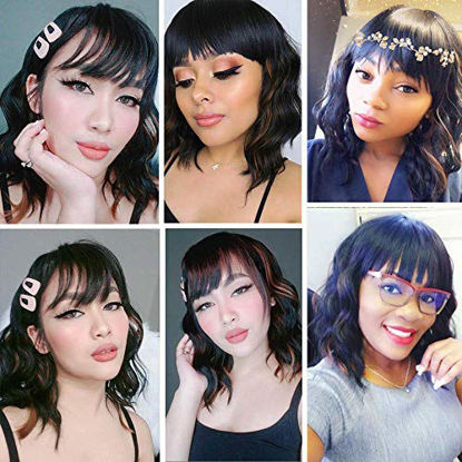 Picture of Nnzes Short Wavy Wig with Bangs Black Mixed Brown Bob Wavy Synthetic Wig for Women Natural Looking Heat Resistant Fiber Hair