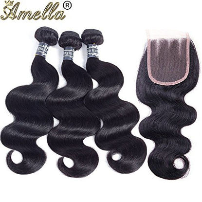 Picture of Amella Hair 8A Brazilian Body Wave Bundles with Closure (20 22 24+18,Three Part)100% Unprocessed Brazilian Virgin Human Hair Body Wave Bundles with Closure Natural Black Color
