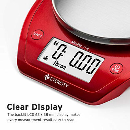 Picture of Etekcity 0.1g Food Kitchen Gram Scale Bowl, Gifts for Baking, Cooking, Meal Prep, Diet, Keto, and Weight Loss, 11lb, Red Stainless Steel
