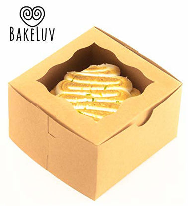 Picture of BakeLuv 4x4x2.5 inches Brown Bakery Boxes with Window | 25 Pack | Take out Containers | Ideal Packaging for Small Bakery, Pastry, Treats and Krafts | (Bakery Box Only)