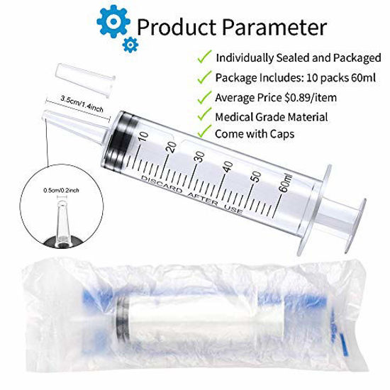 Picture of 10 Pack 60ml/cc Plastic Syringe Liquid Measuring Syringe Tools Individually Sealed with Measurement for Scientific Labs, Measuring Liquids, Feeding Pets, Medical Student, Oil or Glue Applicator (60ML)