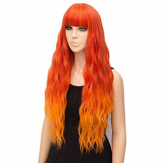 Picture of netgo Organge Fire Wig for Women Long Wavy Heat Resistant Fiber Wigs Side Bangs Cosplay Party