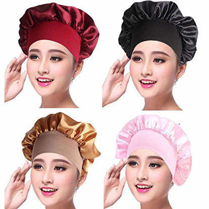 Picture of 4 Pieces Satin Sleep Cap Elastic Wide Band Hat Night Sleeping Head Cover